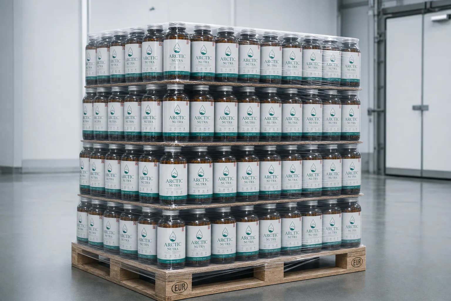 Wooden EUR pallet stacked four layers high with shrink-wrapped Arctic Nutra bottles in a cold Norwegian warehouse