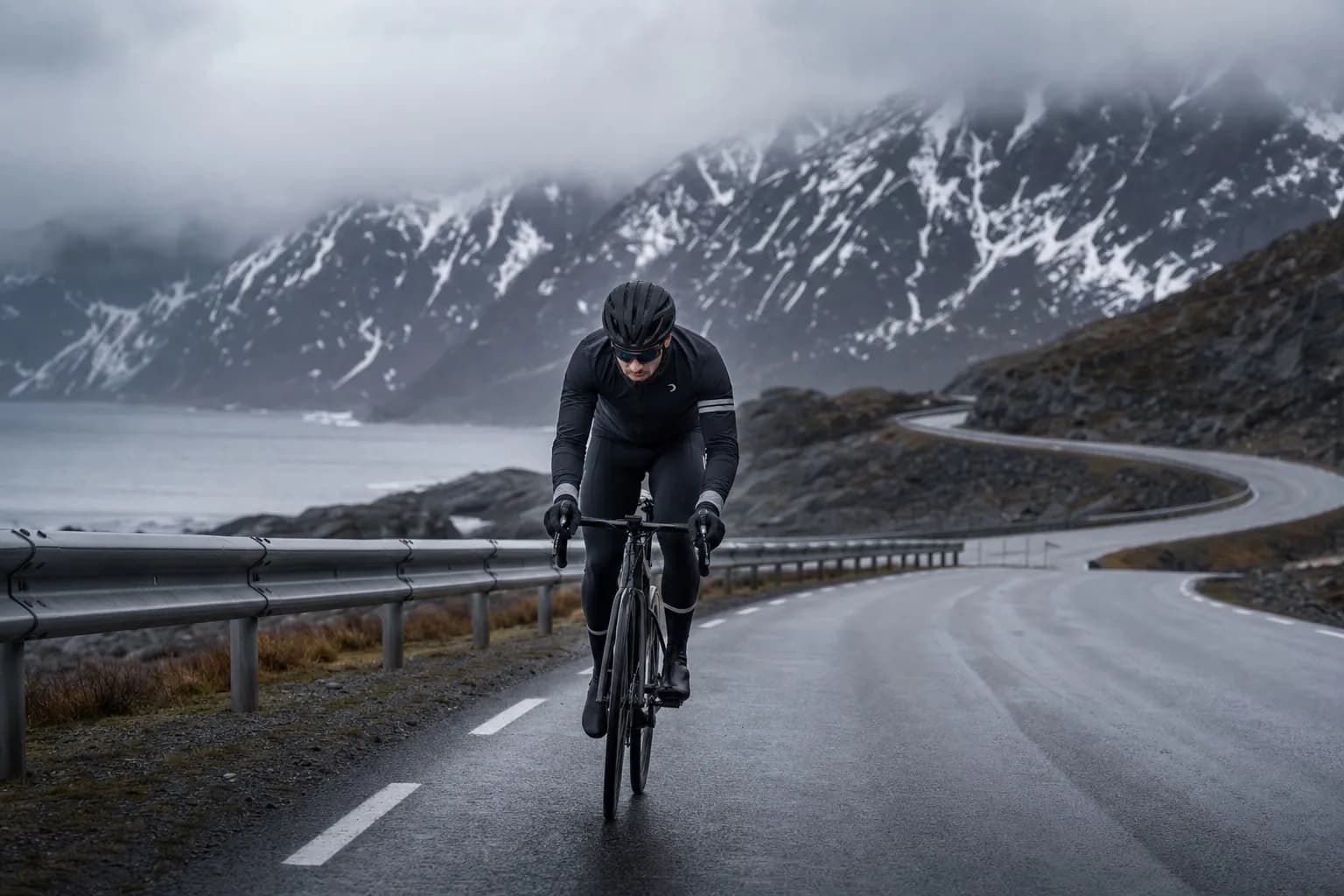Cyclist on a remote Arctic Norwegian coastal road, cold overcast mountain landscape