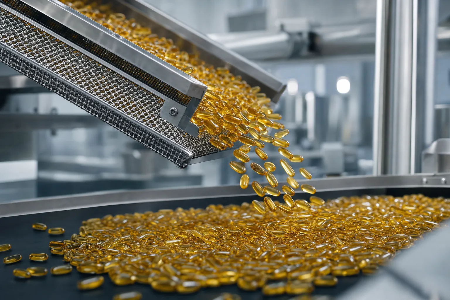 Amber omega-3 softgel capsules cascading from a stainless steel mesh conveyor onto the finishing line